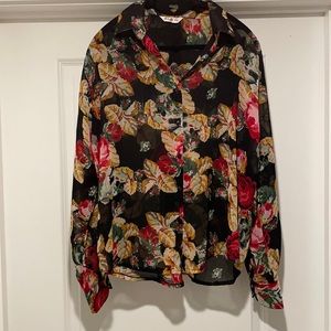 Semi-see through black floral button down blouse